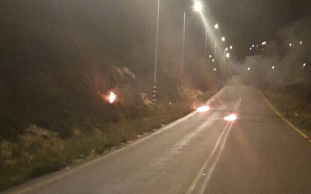 Molotov cocktails hurled at Border Police outside of the Yitzhar settlement on March 27, 2020. (Border Police)