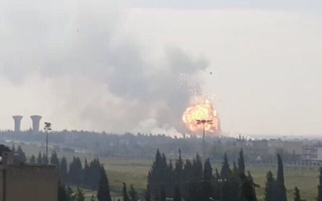 An explosion is seen following an alleged Israeli attack on a Hezbollah arms cache near Homs in central Syria on May 1, 2020. (Screen capture: Twitter)
