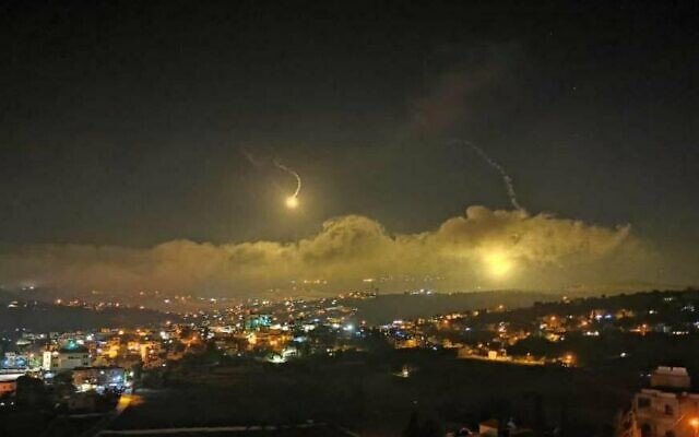 The Israeli military fires flares into the sky over the Lebanese border on August 25, 2020. (Courtesy)