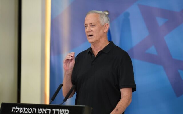 Defense Minister Benny Gantz speaks at the Kirya military headquarters on August 5, 2022. (Elad Malka)