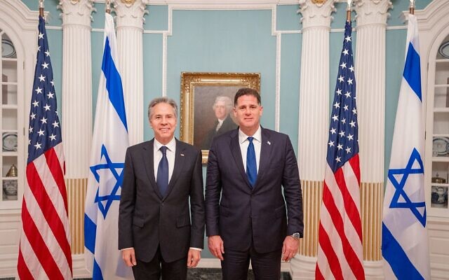 US Secretary of State Antony Blinken (left) hosts Strategic Affairs Minister Ron Dermer, August 17, 2023. (Secretary of State Blinken, via Twitter)